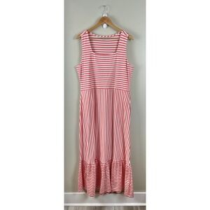 Lands' End Maxi Dress Lg Tall Square Neck Tiered Striped Pink White Stretch